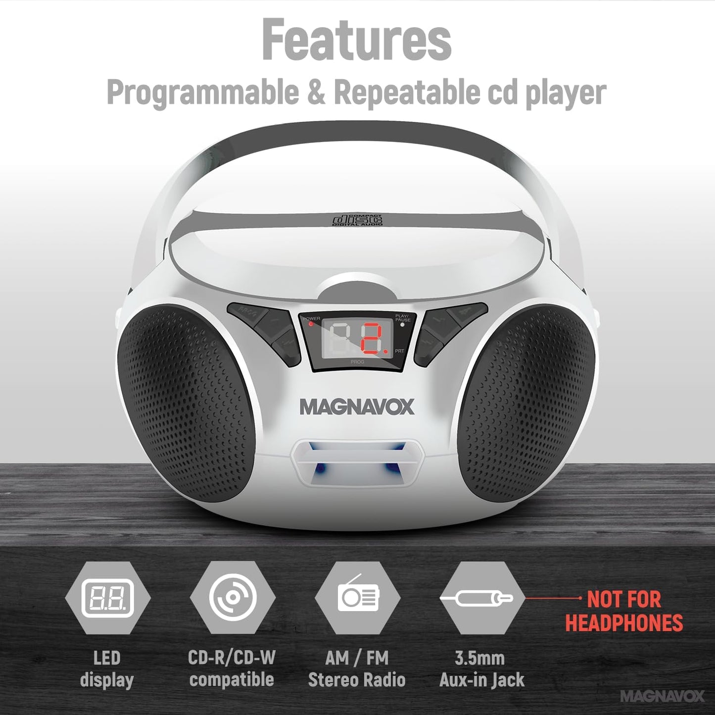 Magnavox MD6924-WH Portable CD Boombox White