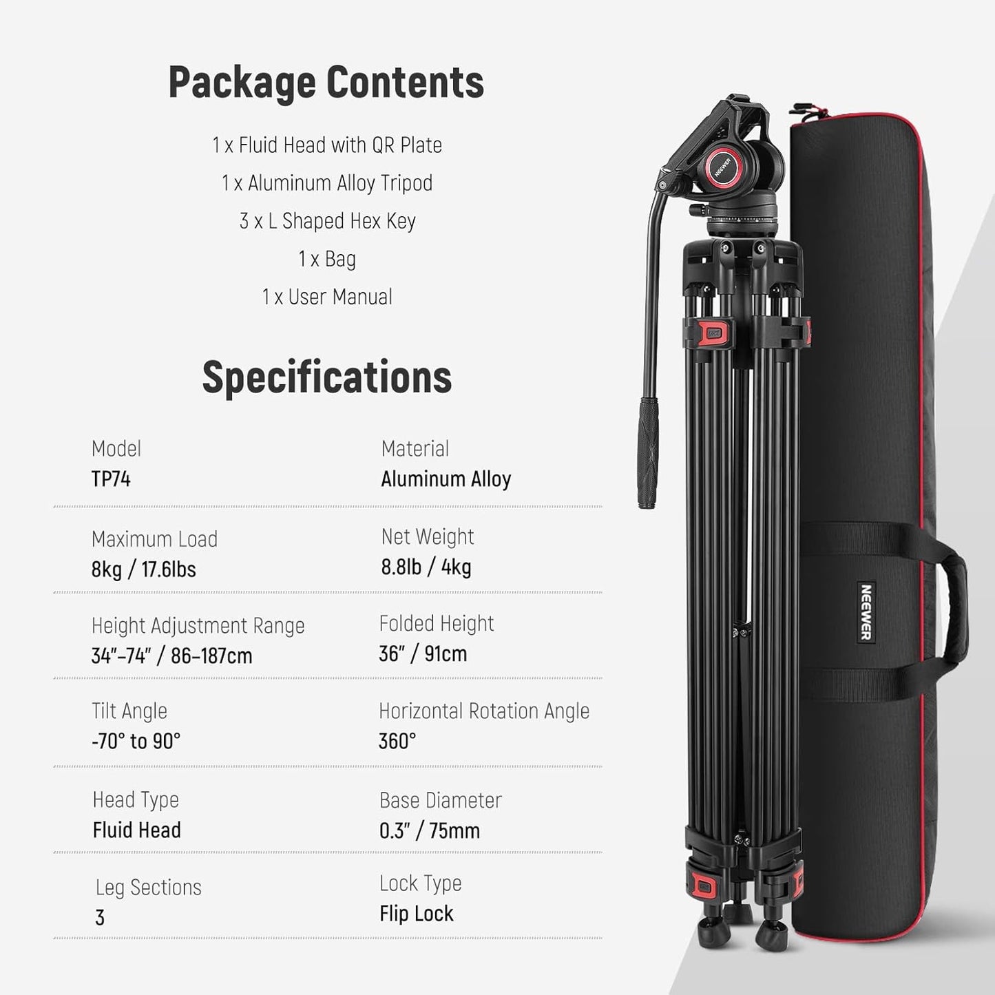 Neewer TP74 74" Heavy Duty Video Tripod