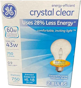 GE 43A/CL/H-2-PK/LTP 60W Crystal Clear Halogen Bulbs