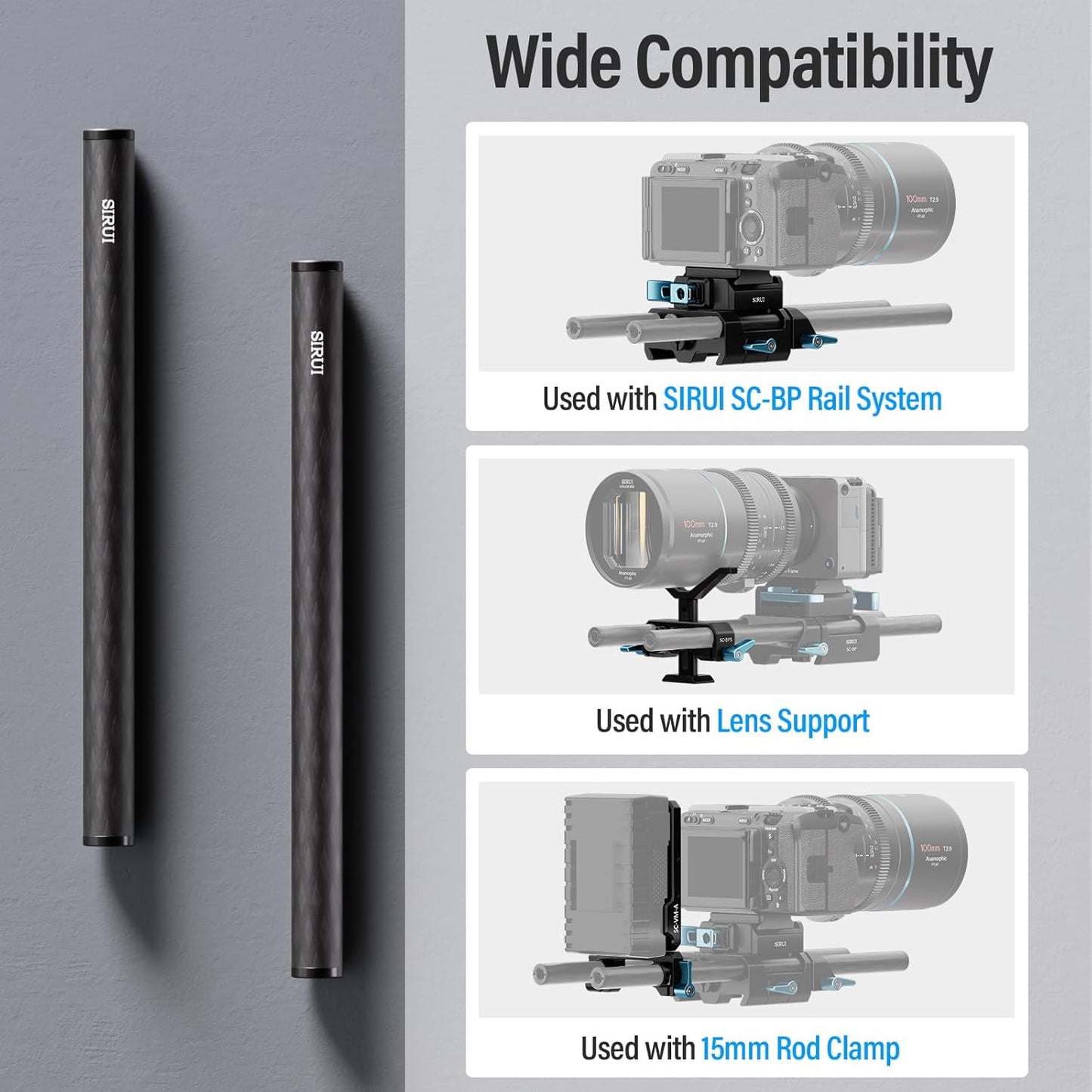Sirui AM-CR200 15mm Carbon Fiber Camera Rail Rods, 8 inch (2-Pack)