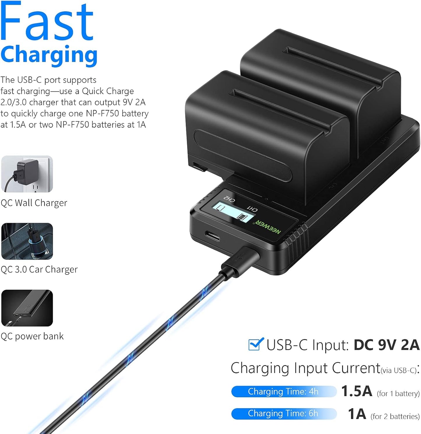 Neewer 10099856 Dual USB Charger + 2x NP-F750 Batteries