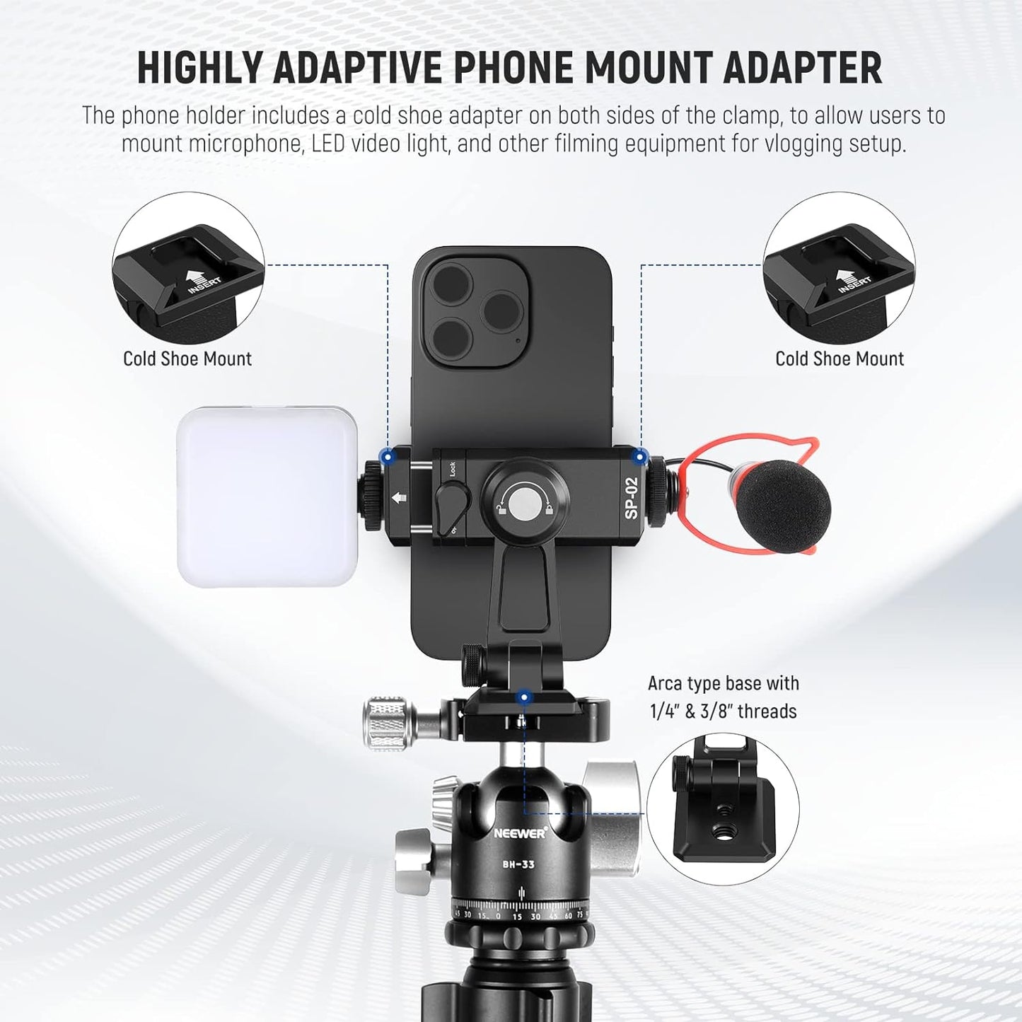 Neewer SP-02 Phone Tripod Mount: 360° Swivel, Arca Base