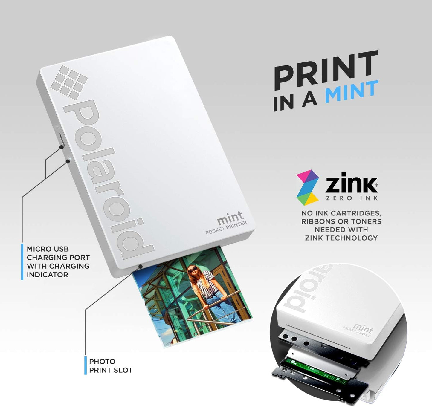 Polaroid POLMP02W Mint Pocket Printer Zink Bluetooth White