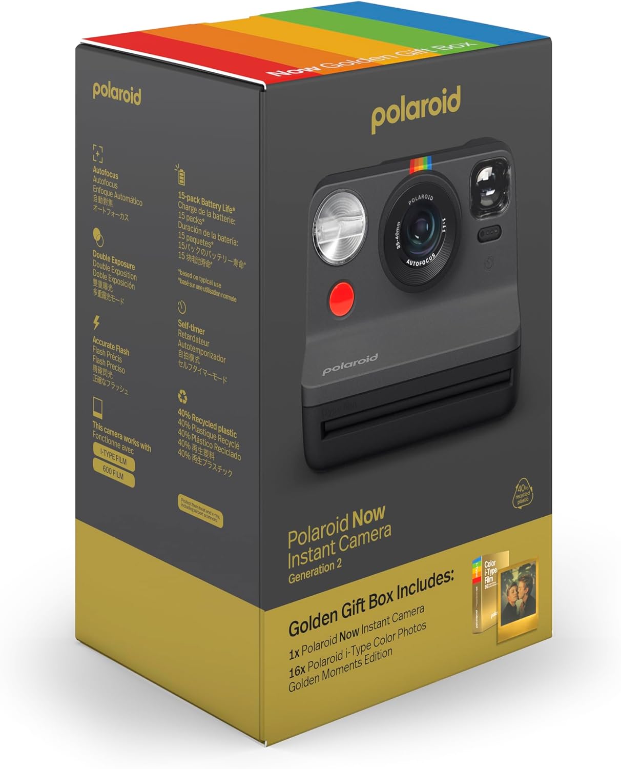 Polaroid Now Black Golden Film i-Type Instant Camera Bundle