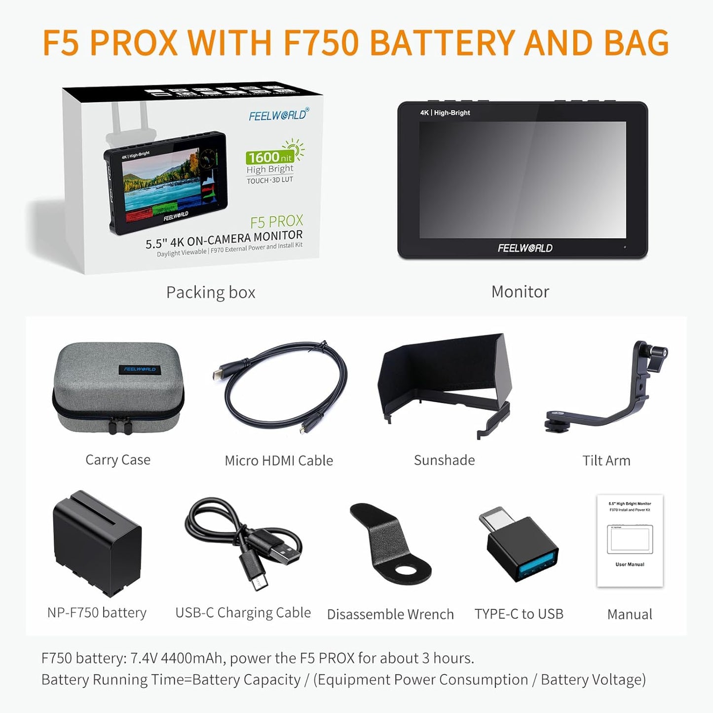 FEELWORLD F5 Prox 5.5" 1600nit Touchscreen Camera Monitor Bundle