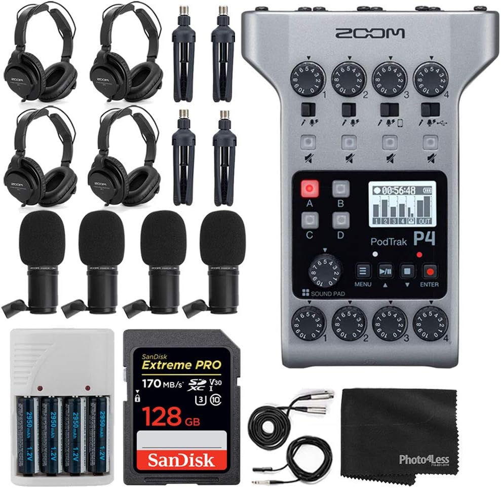 Zoom P4 PodTrak Podcast Recorder Bundle with Mics & Accessories