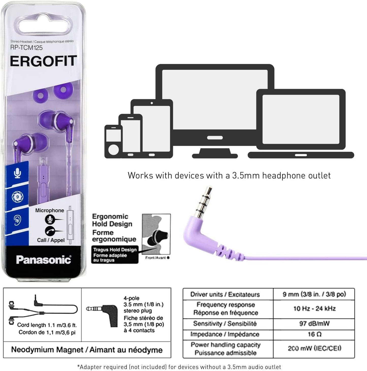 Panasonic RP-TCM125-V ErgoFit Purple Wired Earbuds Mic