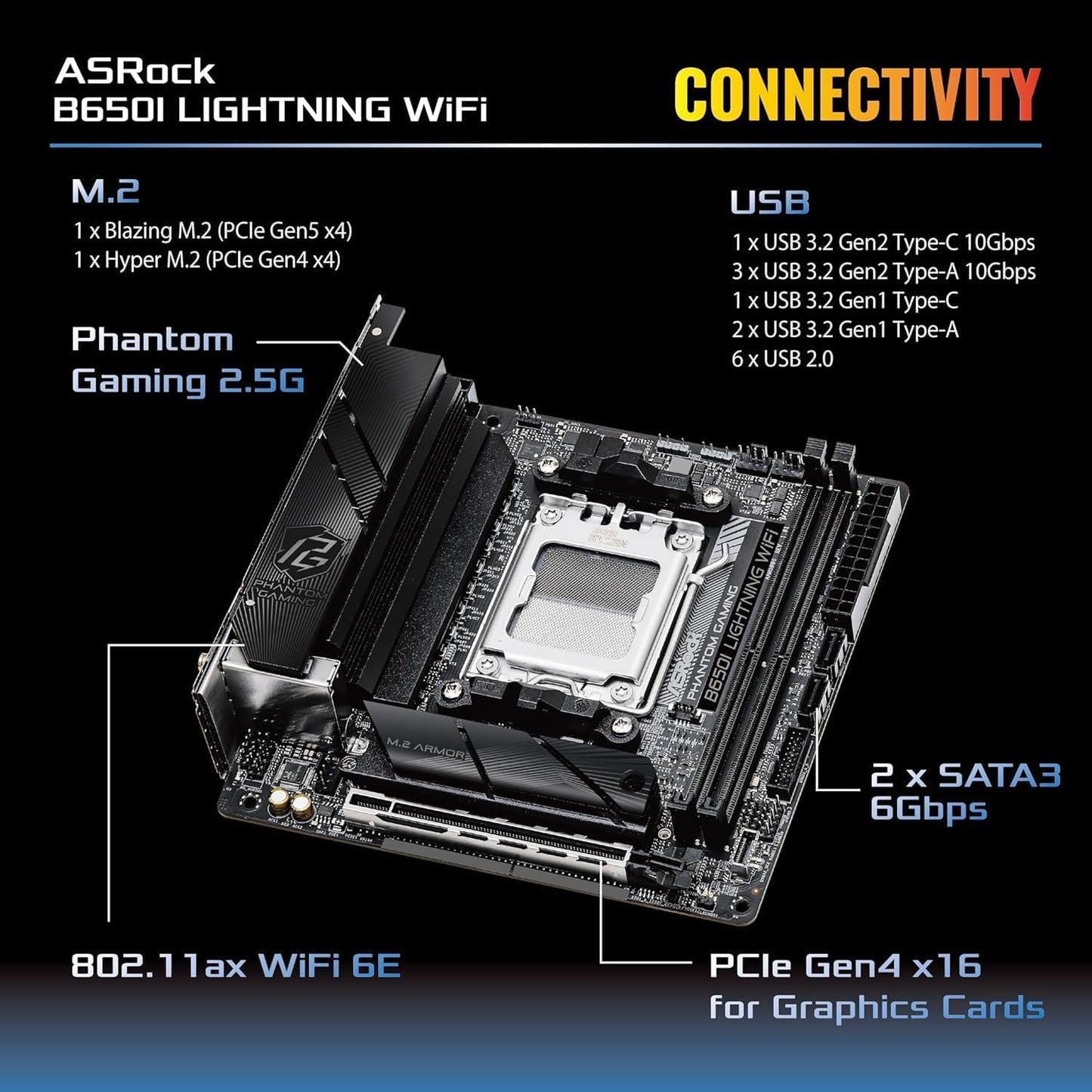 ASRock 90-MXBMP0-A0UAYZ B650I Lightning WiFi Mini-ITX Motherboard