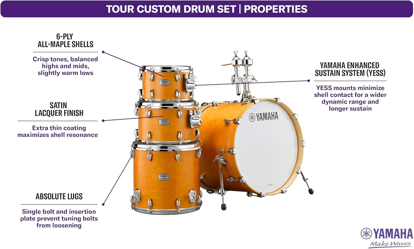 Yamaha TMP2F4CRS Tour Custom Maple 4pc Drum Shell Pack Caramel Satin