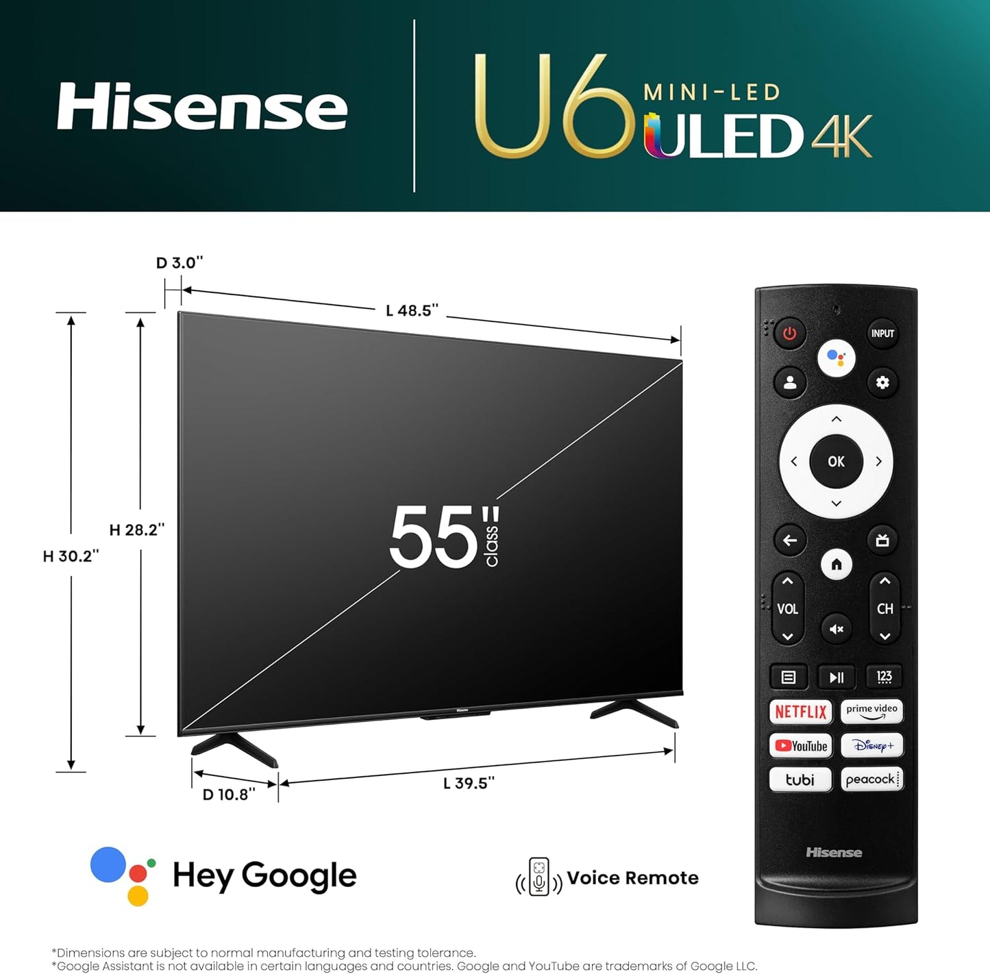 Hisense 55U6K 55" ULED Mini-LED Google Smart TV (Renewed)