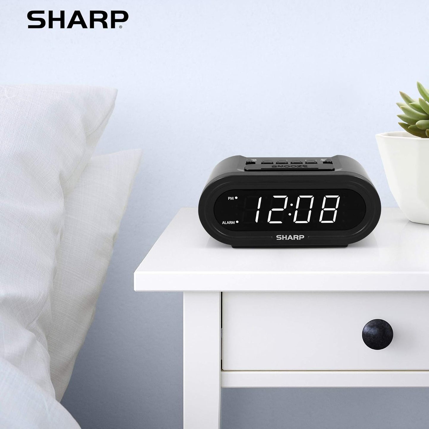 Sharp Digital Alarm AccuSet Clock - Midnight Black, White LED