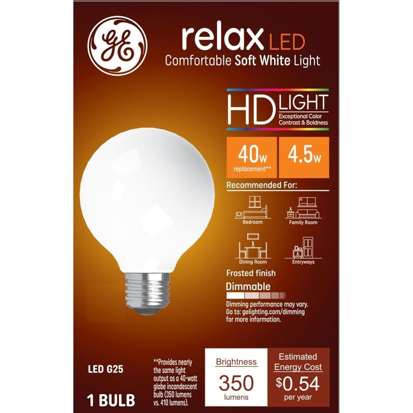 GE 36852 Relax LED 40W Globe Light Bulb, Soft White