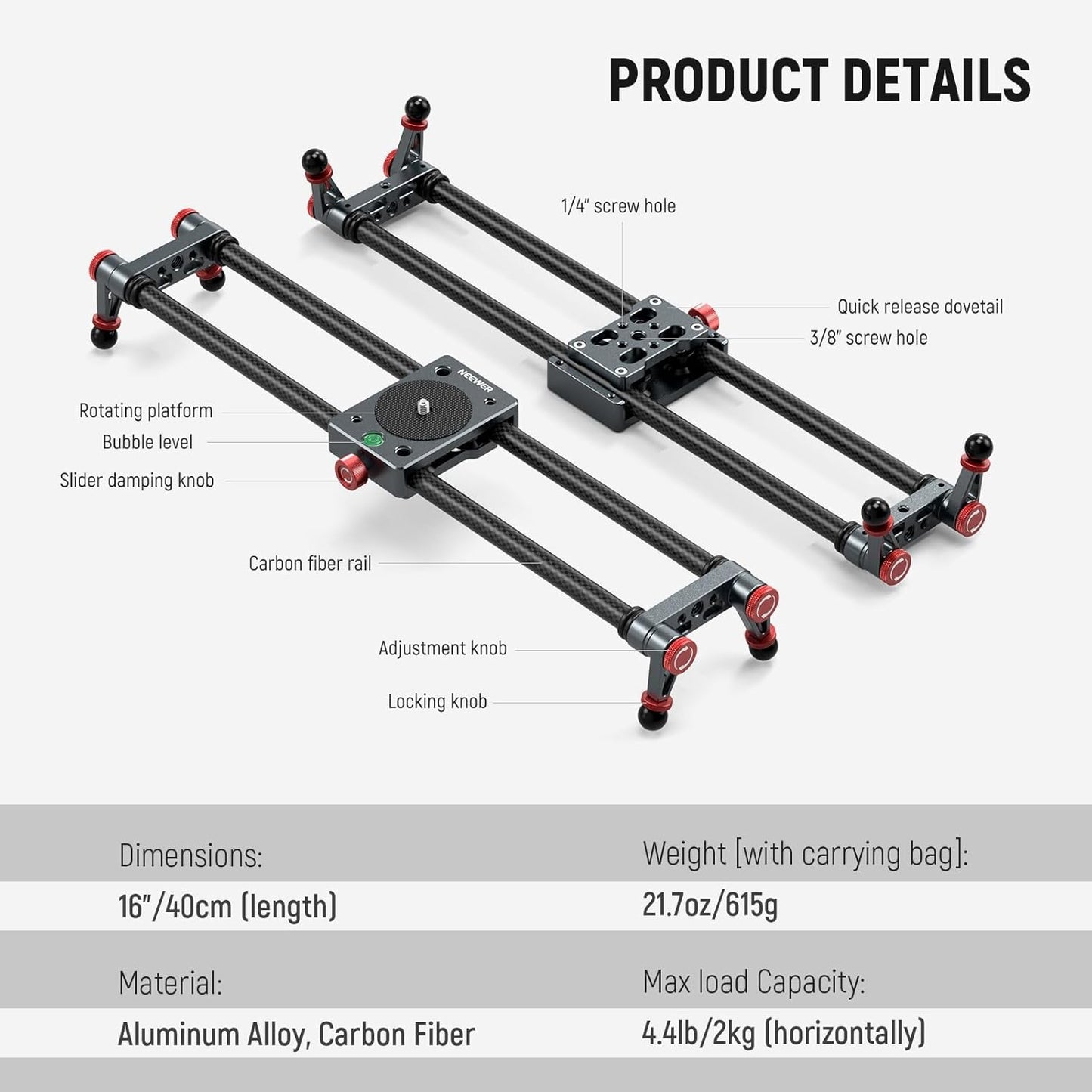 Neewer CS1M 16" Carbon Fiber Camera Slider Dolly