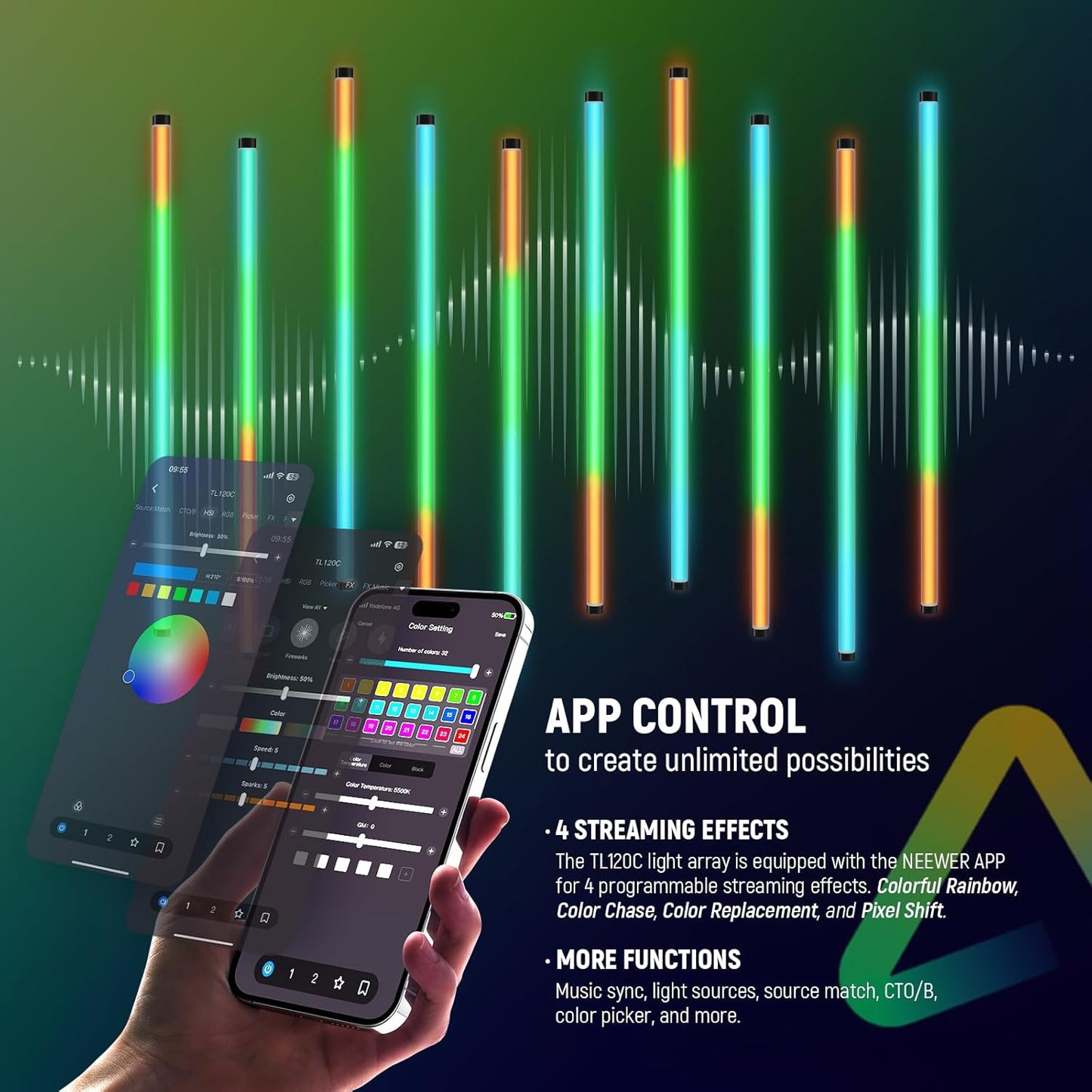 Neewer TL120C RGB Tube Light: 42W, APP/2.4G/DMX Control