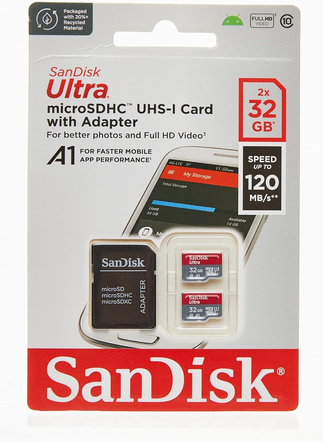 SanDisk SDSQUA4-032G-GN6MT 32GB microSDHC: (2-Pack) Ultra UHS-I