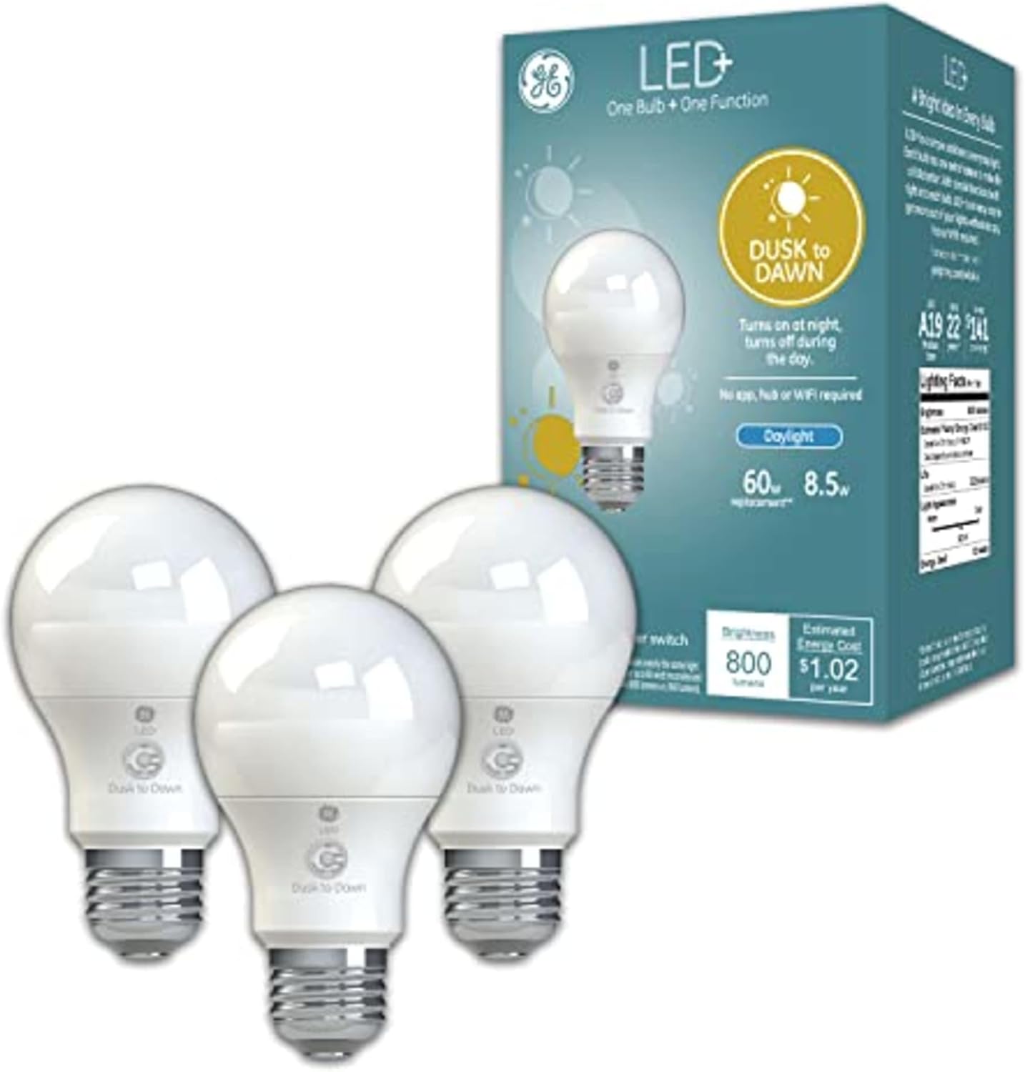 GE 93121487 Dusk to Dawn LED A19 Light Bulbs, 3-Pack