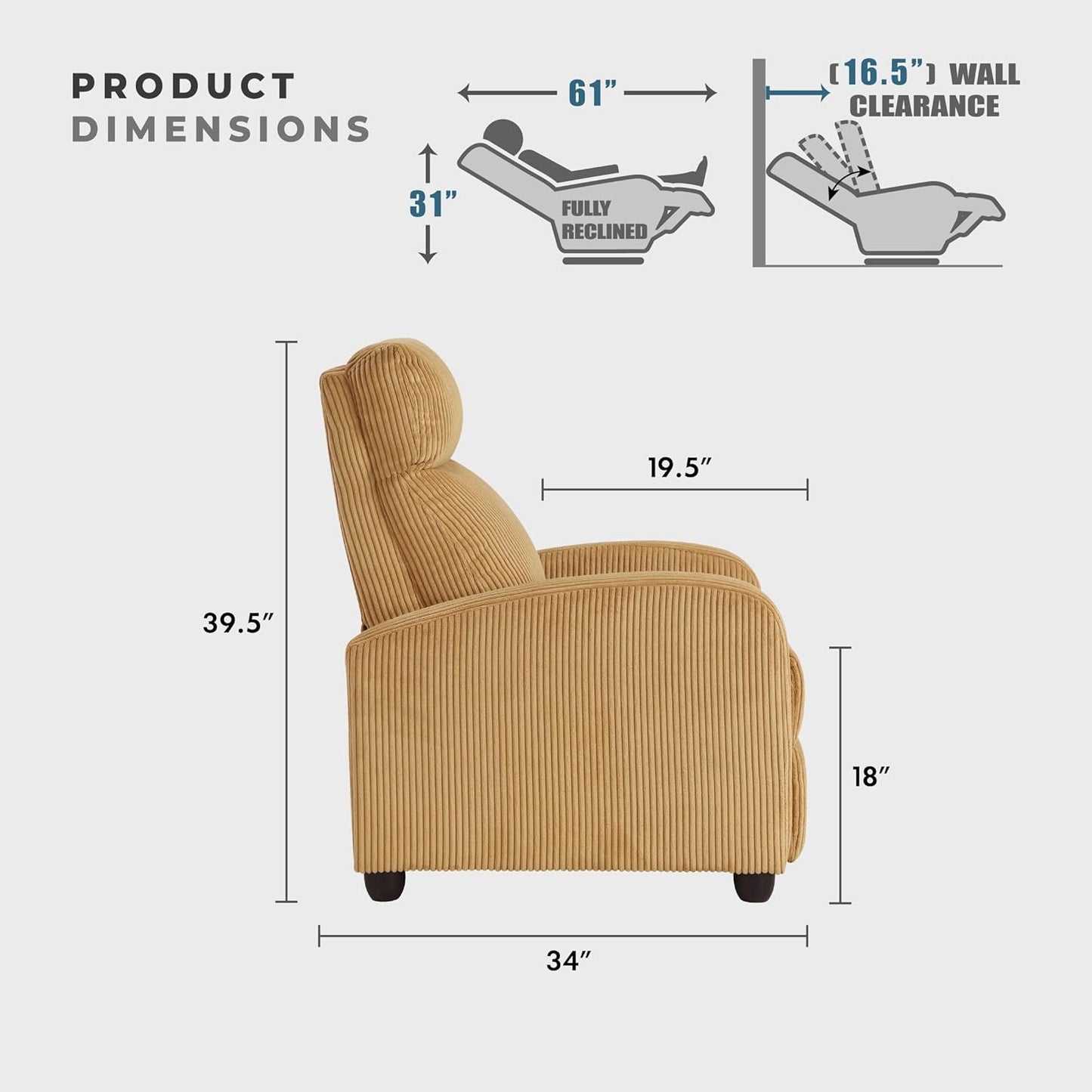 Lexicon 194840287162 Yellow Corduroy Pushback Recliner