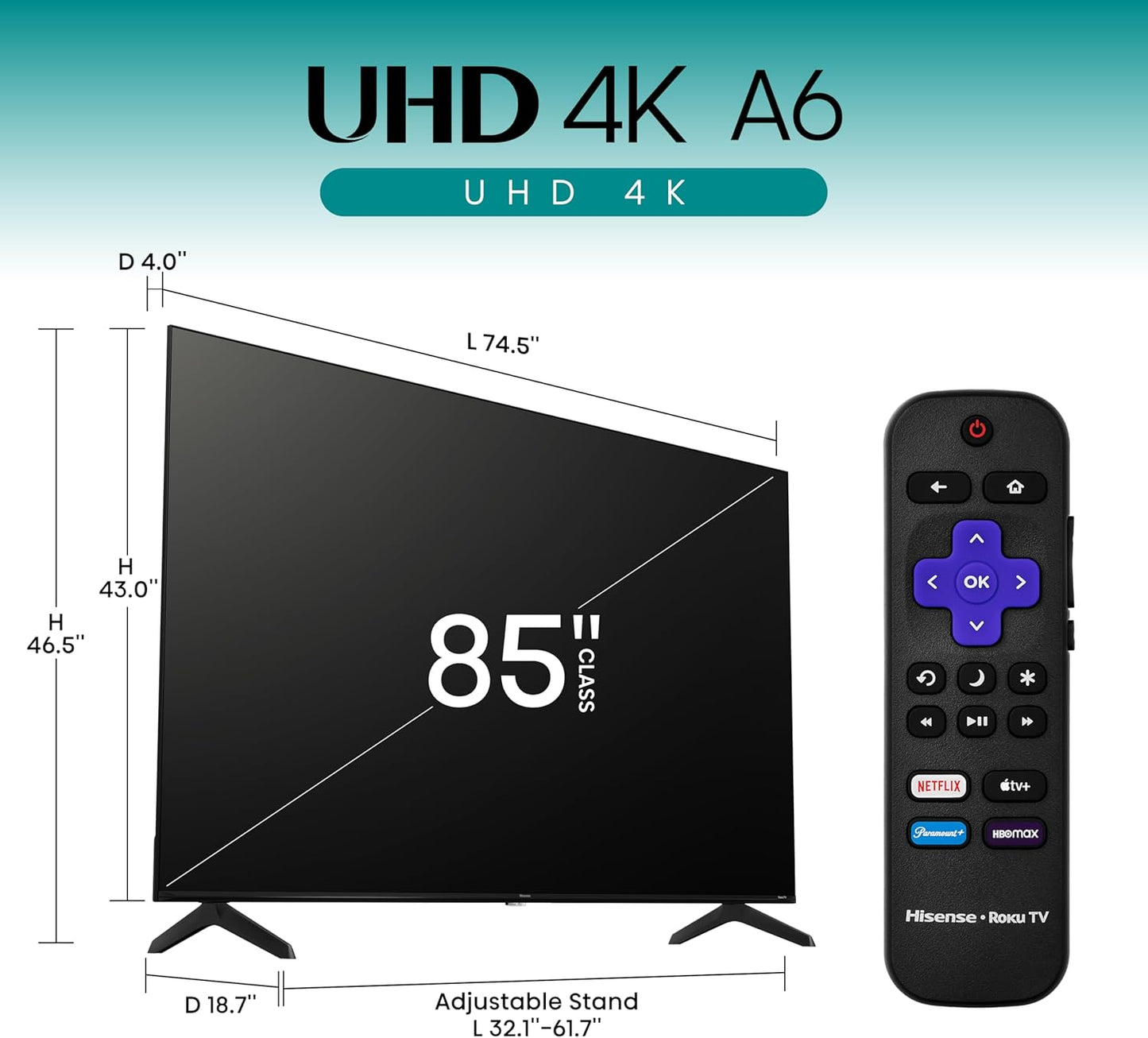 Hisense 85A6NR 85-Inch 4K UHD Roku Smart TV - 2024 Model