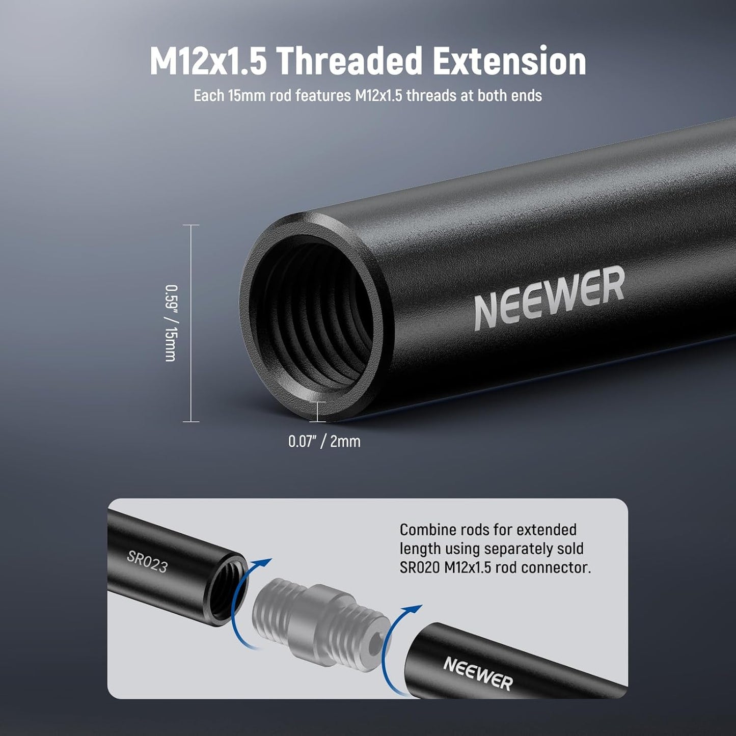 Neewer 10104676 15mm Rods 12"/30cm Extension 2-Pack