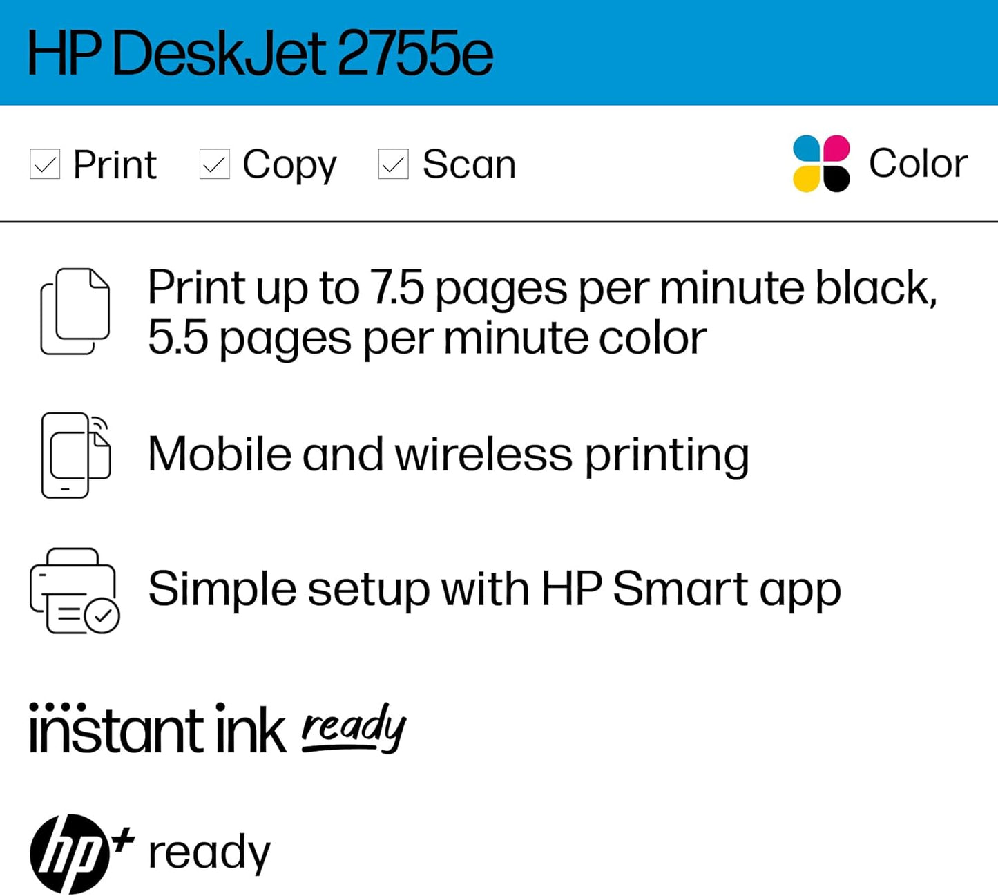 HP DJ 2755e DeskJet Printer: Wireless, Color, Instant Ink
