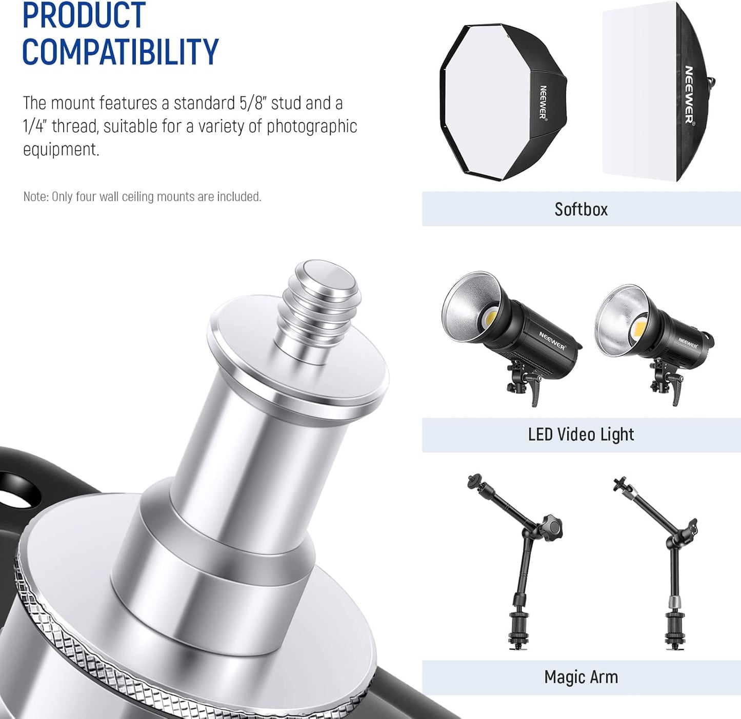 Neewer ST-NA-9: Ceiling Mount Adapter with 5/8” Stud and 1/4” Screw (4 Pack)