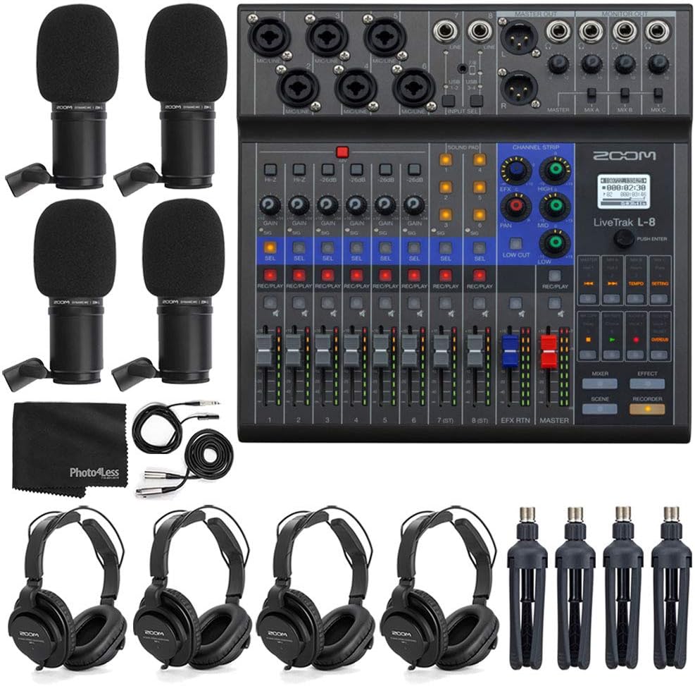 Zoom LiveTrak L-8 Podcast Mixer Bundle ZDM-1 Microphones