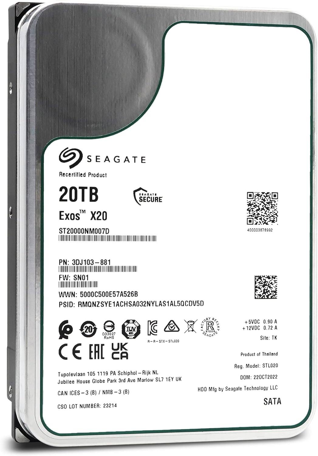 Seagate Exos X20 ST20000NM007D 20TB SATA HDD (Renewed)