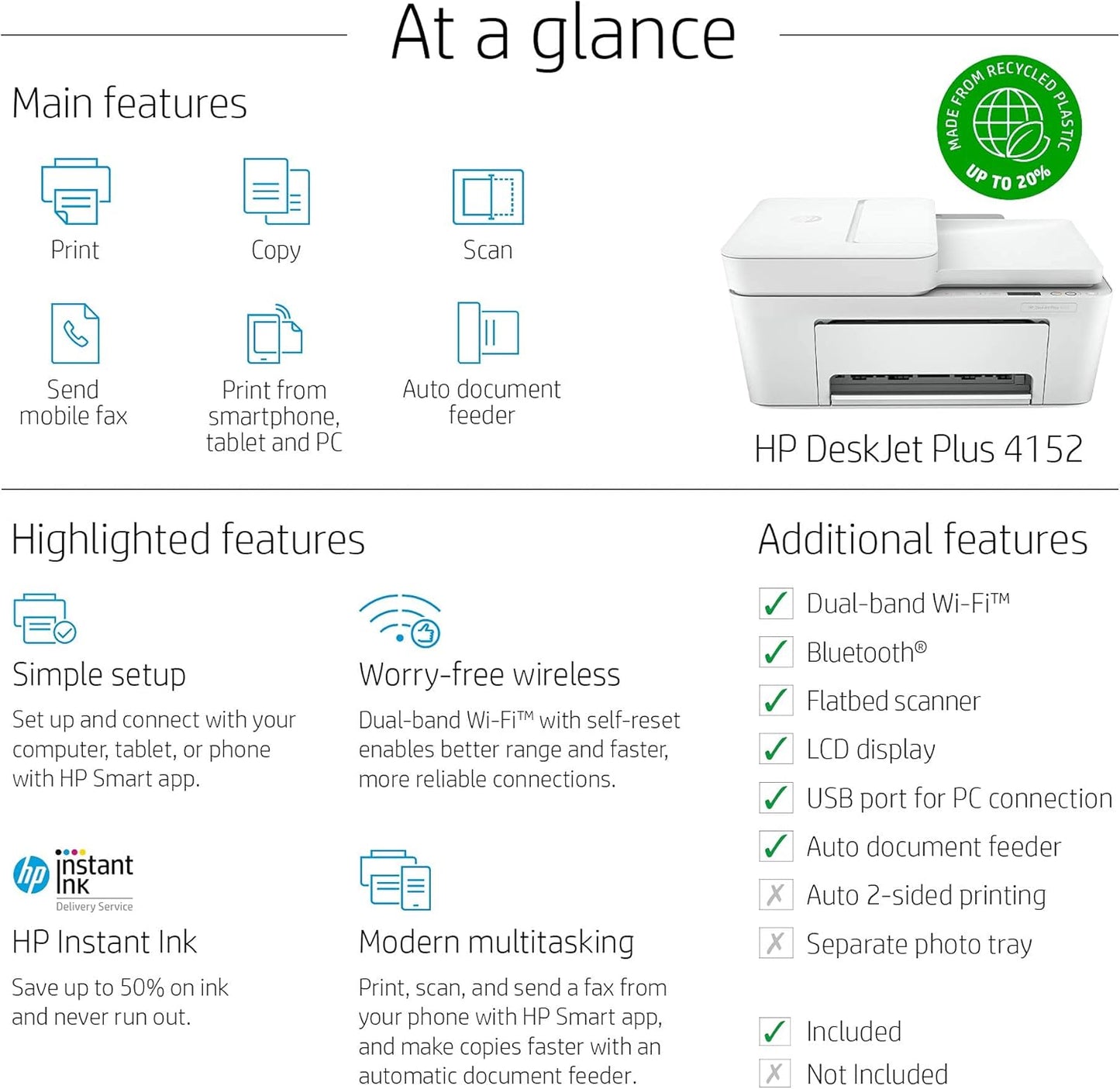 HP 7FS74A DeskJet Plus 4152 All-in-One Printer Renewed