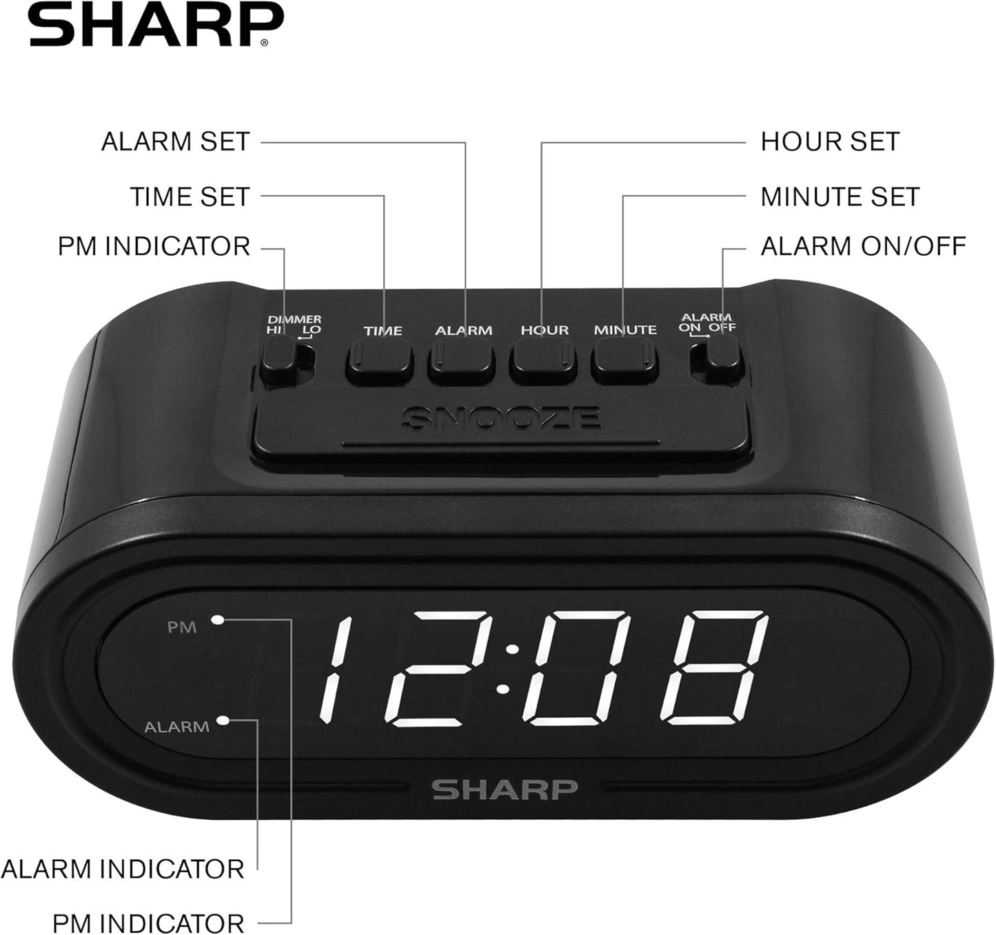 Sharp Digital Alarm AccuSet Clock - Midnight Black, White LED