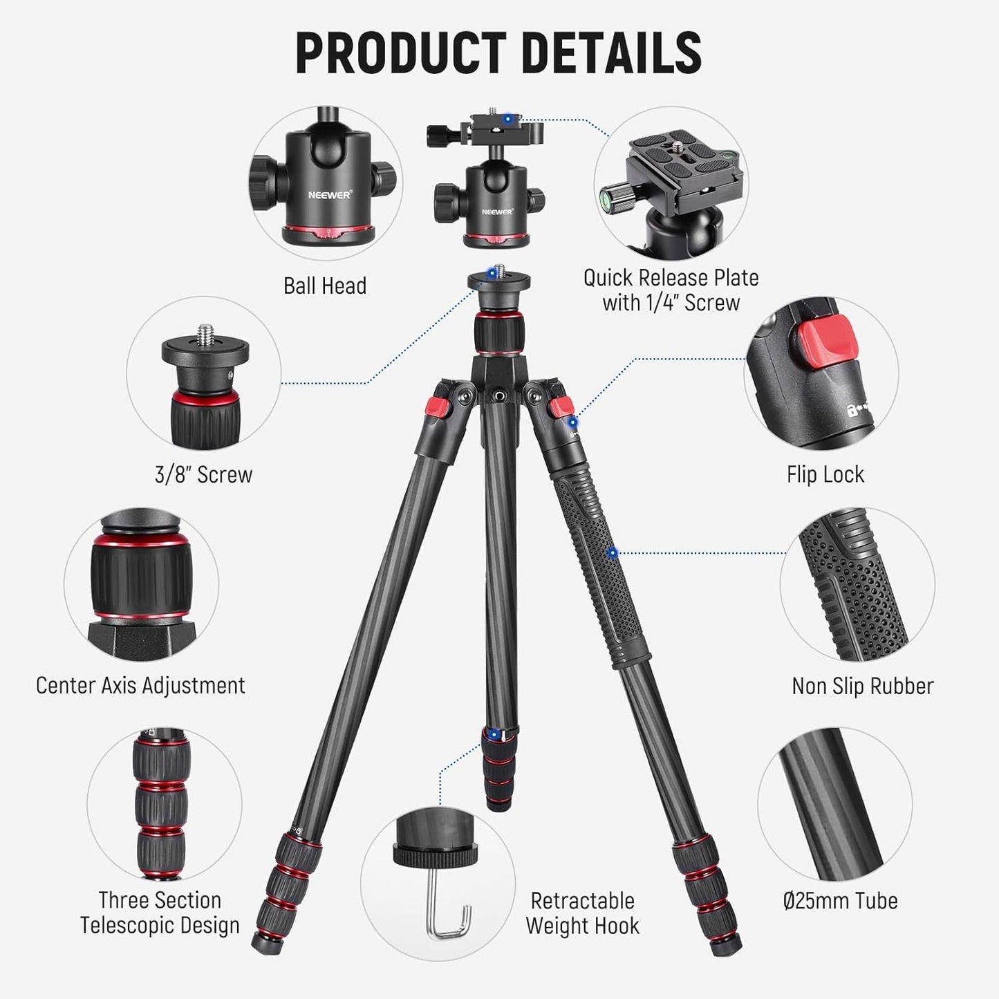 Neewer 10081590@@##1 66" Carbon Fiber Camera Tripod