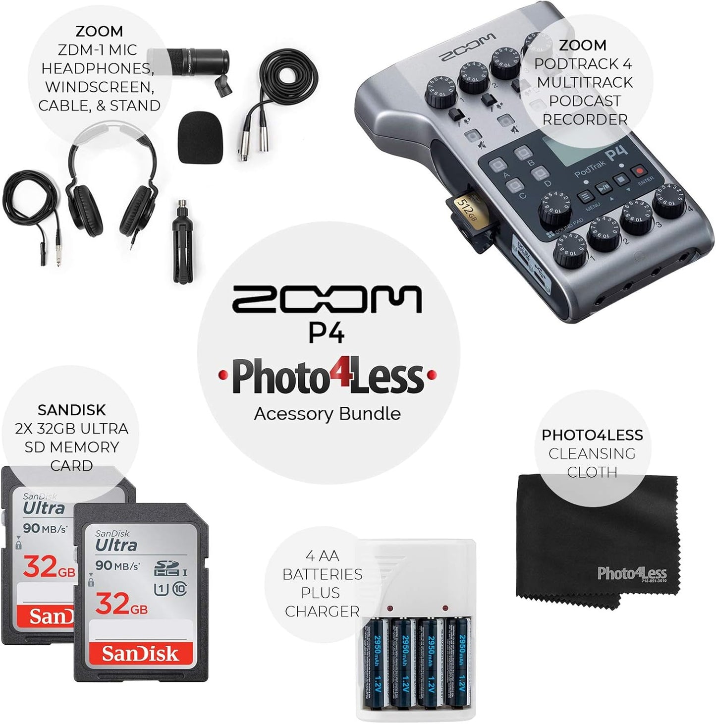 Zoom PodTrak P4 Podcast Recorder Bundle with Mics and Accessories