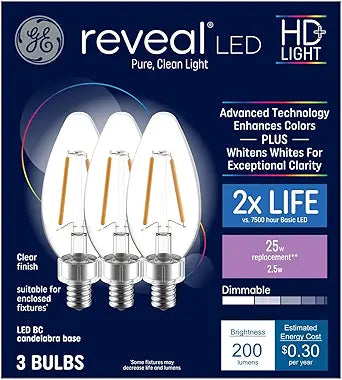 GE 42465 Reveal 25W EQ Dimmable Candle Bulb 3-Pack