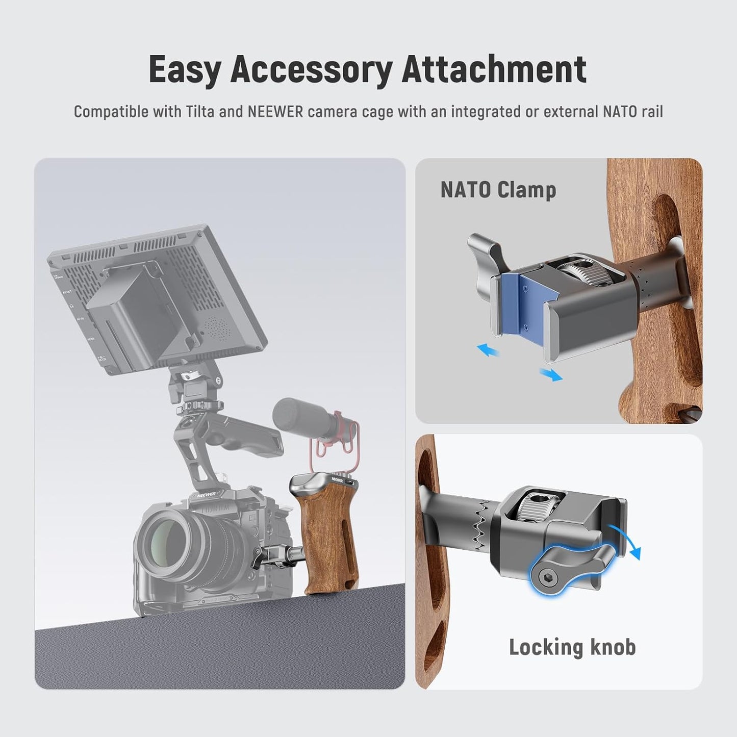Neewer 10104266 Wooden Camera Side Handle Grip NATO Clamp