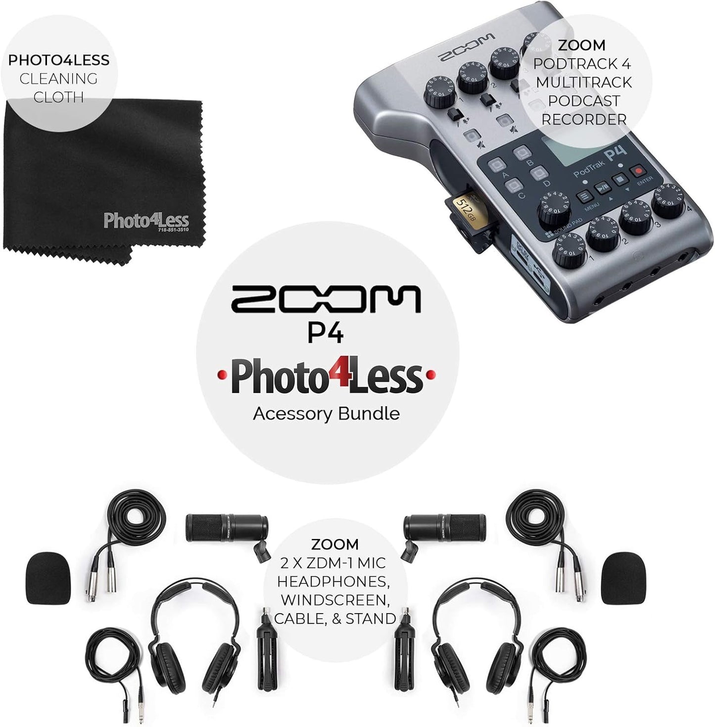 Zoom P4 PodTrak Portable Podcast Recorder Mic Bundle