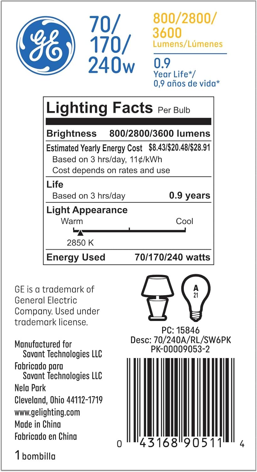GE 15846 240W Soft White 3-Way Incandescent Bulb