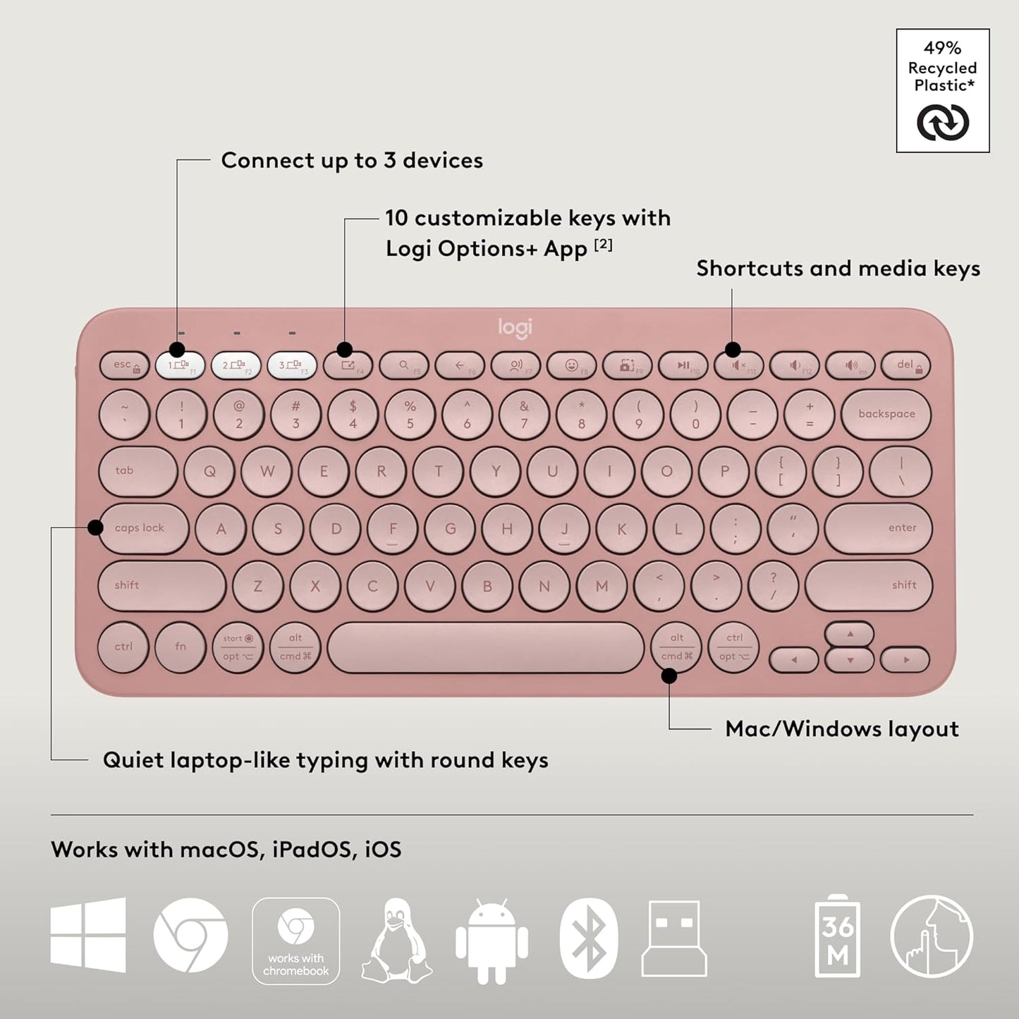 Logitech 920-012199 Pebble 2 Combo Rose Wireless Keyboard & Mouse