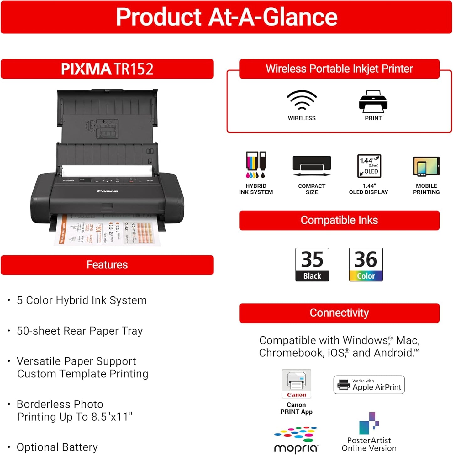 Canon 4167C042 PIXMA TR150 Wireless Portable Printer