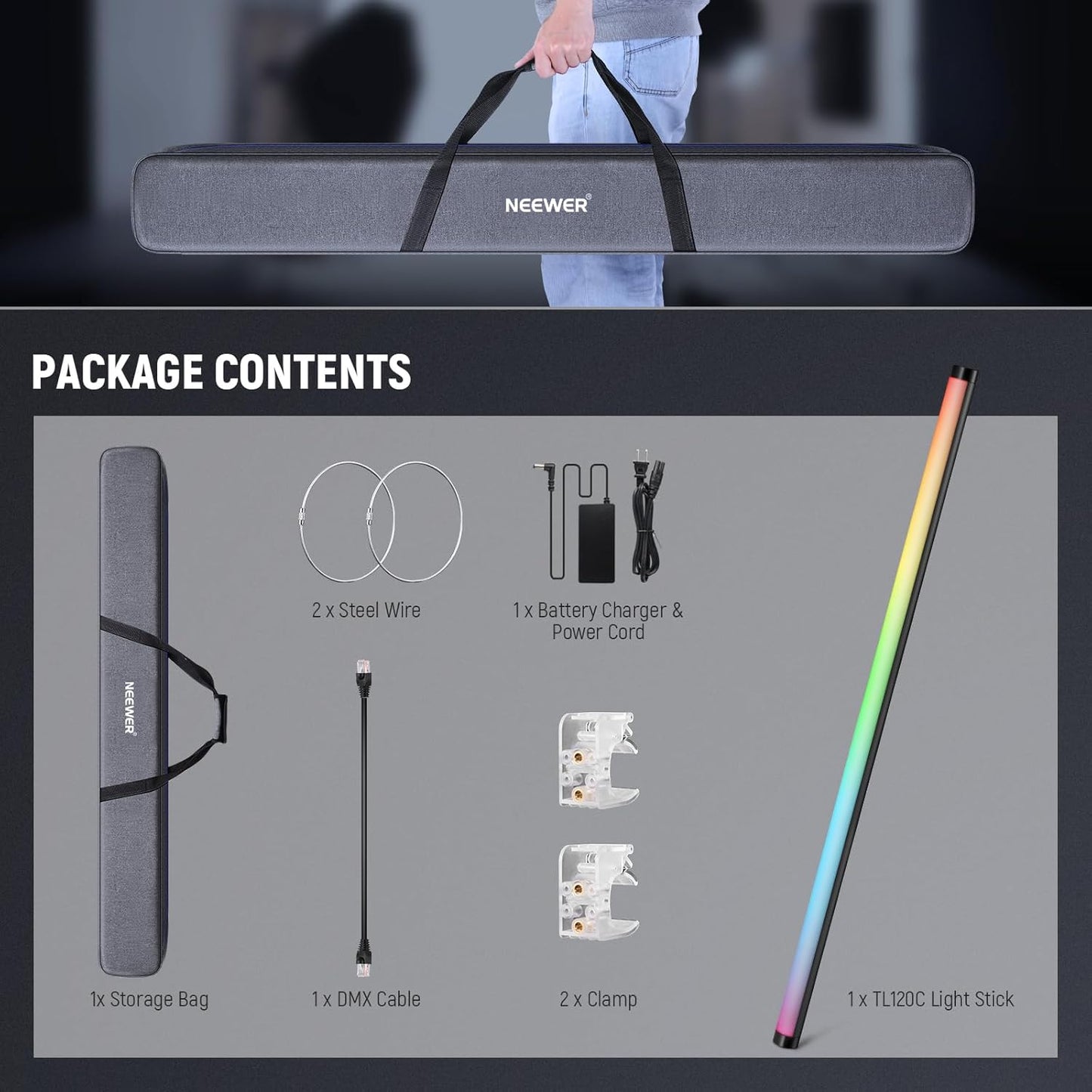 Neewer TL120C RGB Tube Light: 42W, APP/2.4G/DMX Control