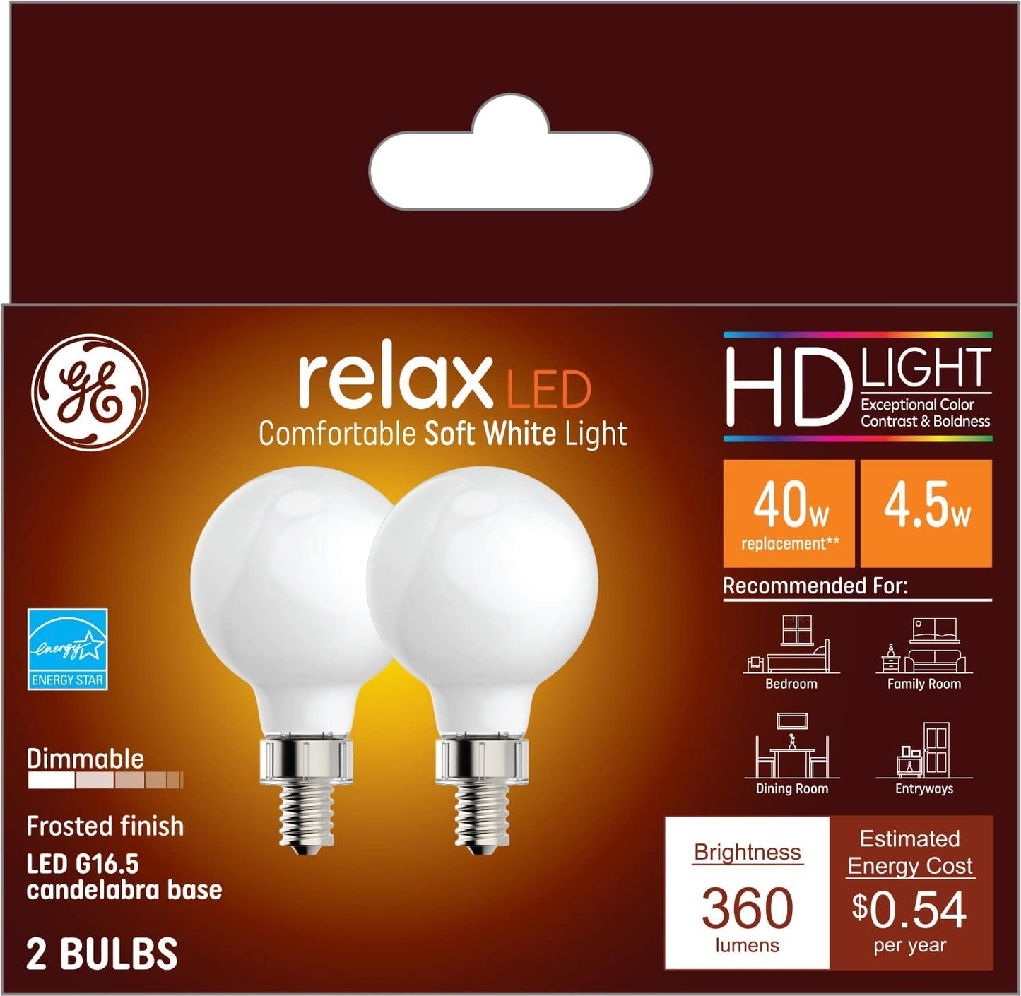 GE 31719 Relax 40W Soft White LED Globe Bulbs 2-Pack