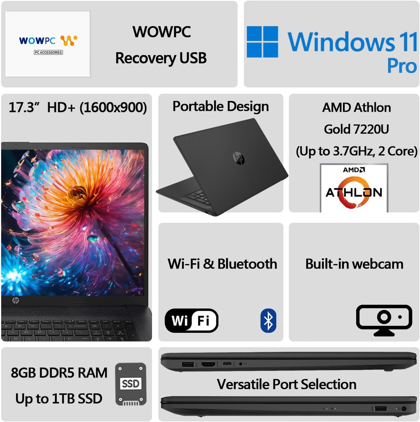 HP Laptop 17.3" AMD Athlon Gold 7220U, WOWPC USB
