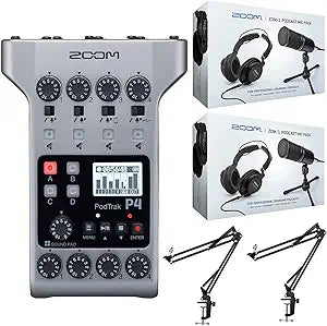 Zoom PodTrak P4 Podcast Recorder Microphone Bundle