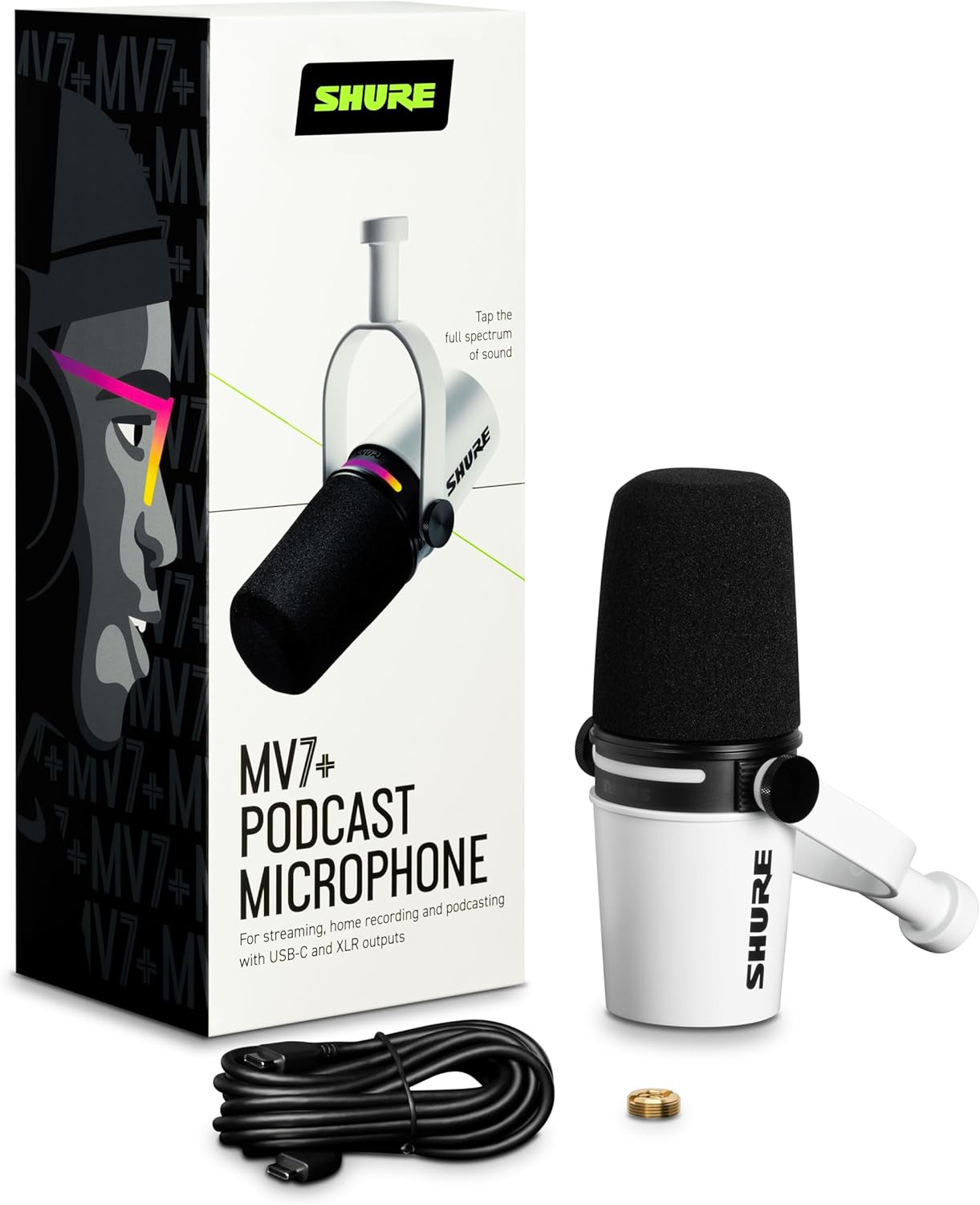 Shure MV7+-W Microphone, Podcast Dynamic USB/XLR, White
