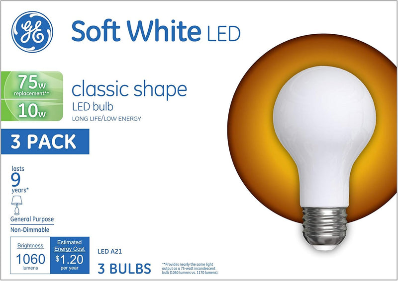 GE 93109033 LED 75 Watt Soft White A21 Bulbs (3 Pack) — main product image