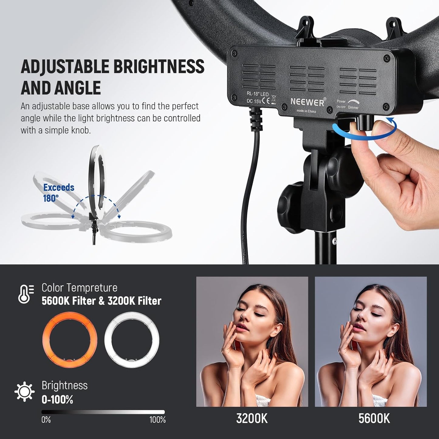Neewer RL-18 18" LED Ring Light Kit with Stand & Filters
