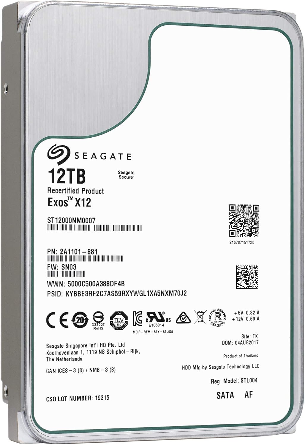 Seagate ST12000NM0007-cr 12TB Exos x12 Enterprise HDD - Renewed