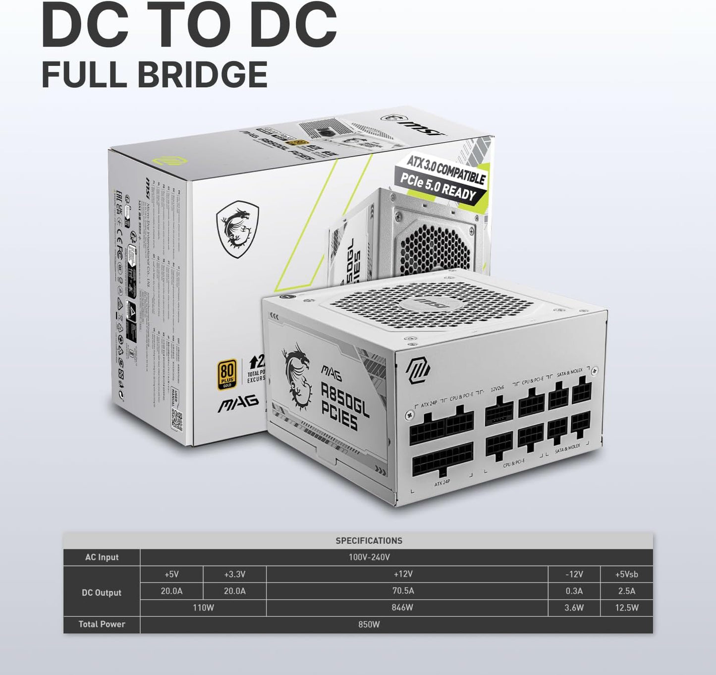 MSI MAGA850GLPCIE5WT A850GL PCIE5 White 850W PSU