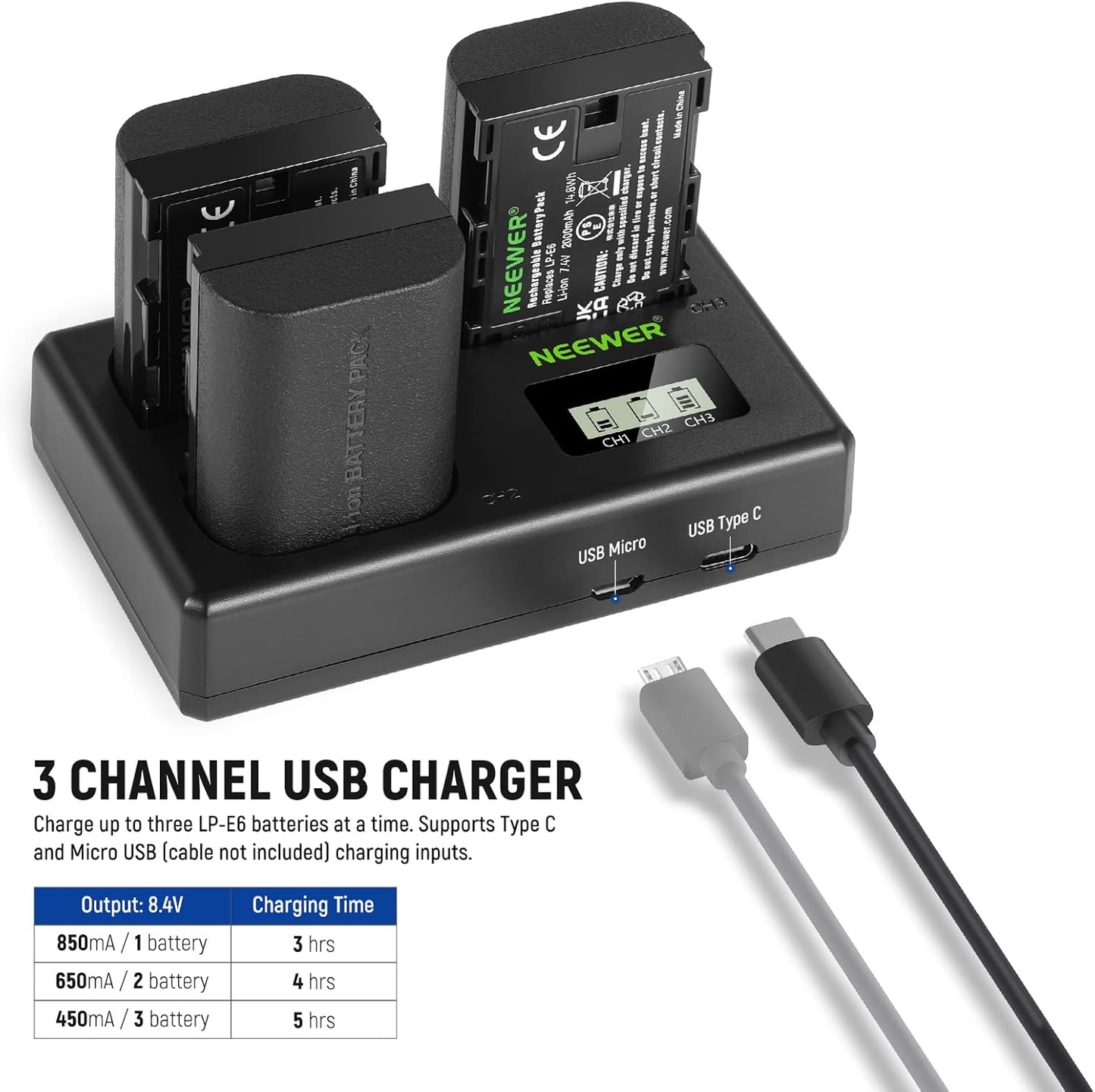 Neewer 10101014: LP-E6 Battery and Charger Set - 3-Pack