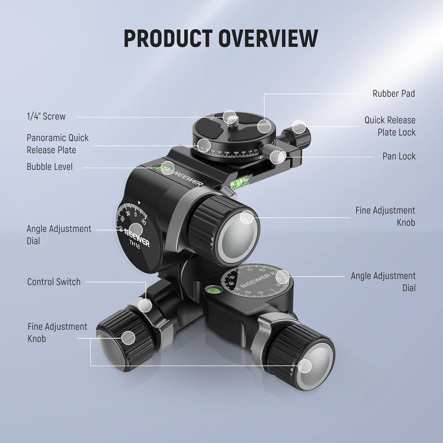 Neewer TH16 3-Way Geared Tripod Head Arca Plate