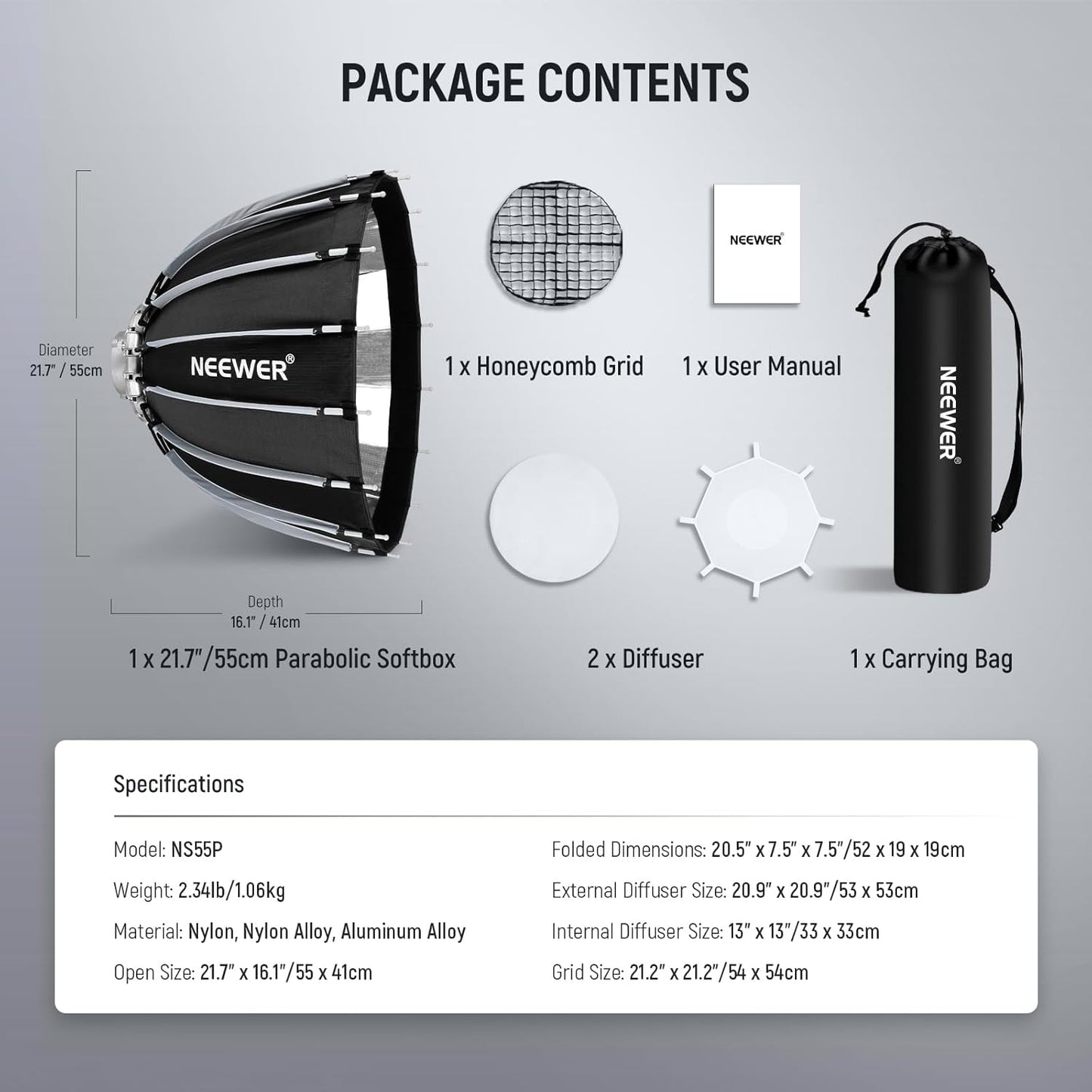 Neewer 22"/55cm Parabolic Softbox Bowens Mount Kit