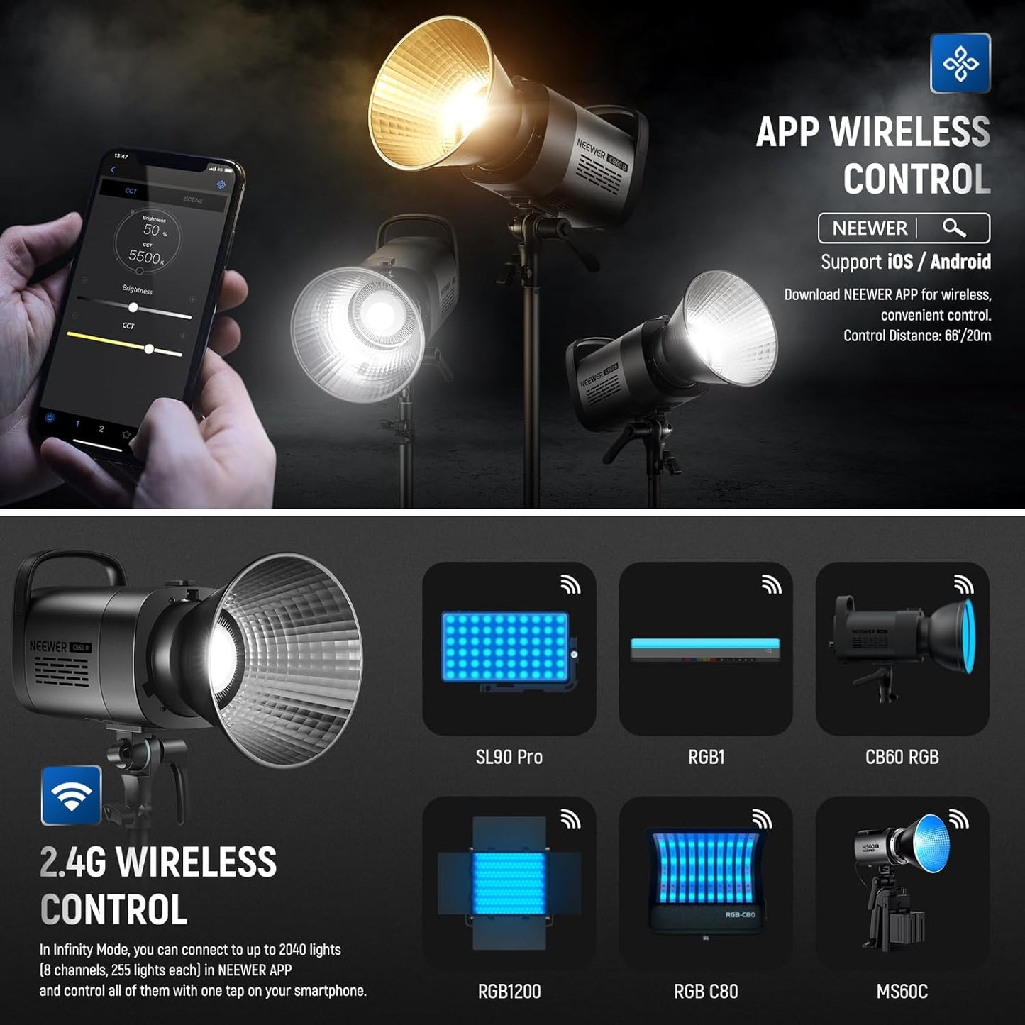 Neewer CB60B 70W Bi-Color LED Video Light APP Control